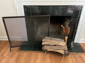 Vtg Fireplace Screen-Grate- Brass Basket W/firewood And 4 Accessories Including Leather Bellows 'sold As Is'