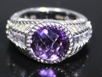 Fine Sterling Silver Ladies Ring Amethyst Stone Signed By Judith Ripka Approx. Size 6