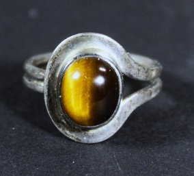 MCM Mid Century Modern Sterling Silver Hand Crafted Ring Having Tiger's Eye Stone Size 6.5