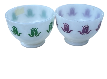 Set Of 2 Fab Vintage Fire King Sealtest 'incentive' Cottage Cheese Bowls With Tulip Pattern In Green & Purple