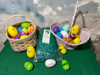VTG 2 Baskets W New Grass & Aprox 20 Blow-Mold Eggs Lot