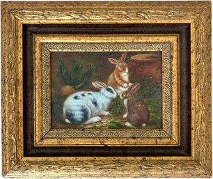 An Original Oil On Canvas - Rabbits, Unsigned