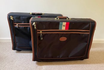 Pair Of Vintage Lark Nylon And Faux Leather Trimmed Rolling Suitcases