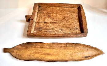2 Large Vintage Carved Wood Trays: Leaf From Hawaii & Rectangle With Handle
