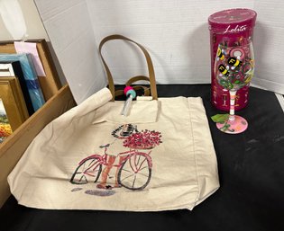 Lolita BFF Hand Painted Wine Glass In Original Box & Beth Briggs New Canvas Tote & Pouch Set   TT/e