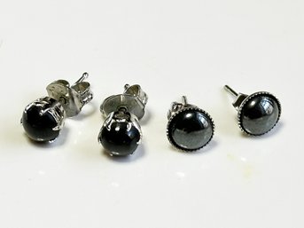 Two Pair Vintage Onyx Earrings In Silver Settings