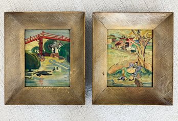 A Pair Of Vintage Oil On Board Paintings - Japanese, 1930's, In Period Frames