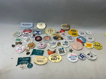 Collection Of Pinbacks, Lapel Pins, Tie Pins