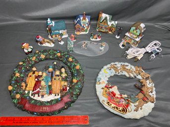 Christmas Village Light Display Set Holiday Decor Carolers And Santa Claus And Reindeer Resin Wreaths