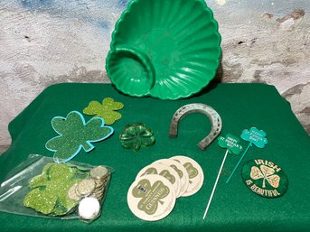 Vtg St Patricks Day Lot-Blow Mold Bowl, Irish Button, GlassPaper Shamrocks, Faux Horseshoe 11pcs