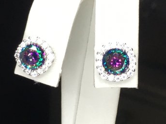 Fantastic 925 / Sterling Silver Earrings With Alexandrite Encircled With White Zircons - Very Nice - Nice Gift