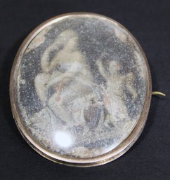 Super Early Gold 18th Century Mourning Brooch W Lock Of Hair Allegorical Painting