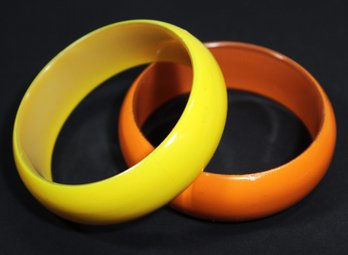 Two 1960s Vintage Plastic Wide Cuff Bracelets Fall Colors Yellow Orange