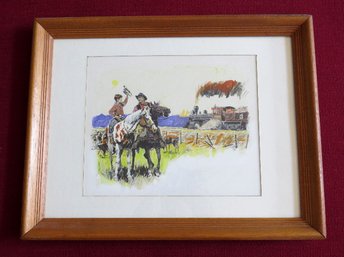 A Framed Watercolor Painting Of Cattle Ranchers - Signed