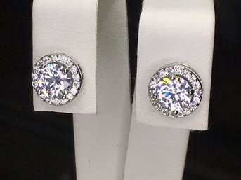 Very Pretty 925 / Sterling Silver Earrings With All Cubic Zirconias - Brand New - Never Worn - Nice Gift !