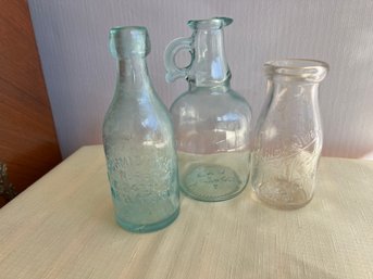 Trio Of Vintage-Antique Glass Bottles, One B.G. Miller & Sons Hartford, Conn. Milk Bottle