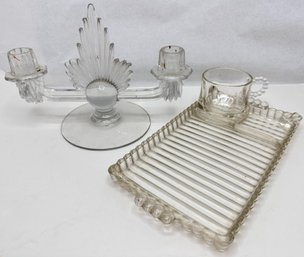 Vintage Art Deco Glass Candelabra & Glass Serving Tray With Matching Cup