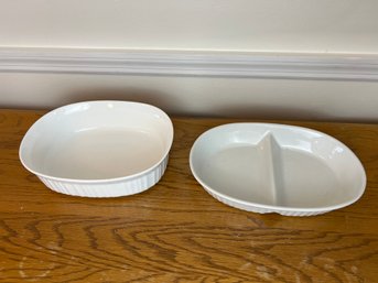 Two Casserole Dishes, One Corning Ware French White
