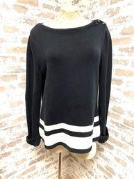 Clasic Lauren Ralph Lauren Navy Blue & White Stripe Bent Neck Sweater - Size XL