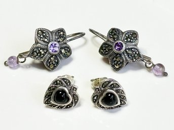 Two Pair Of Sterling Silver, Marcasite, And Amethyst/Onyx Earrings