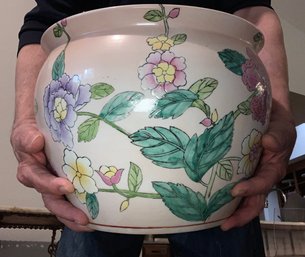 Large Vintage Chinese Floral Fish Bowl Jardiniere With Koi Gold Fish