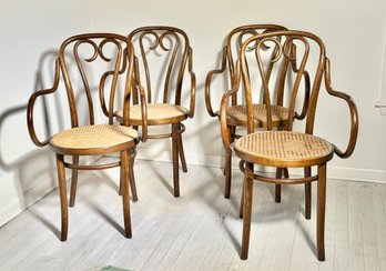 Set Of 4 - MCM Thonet Sweetheart Bentwood Caned Seat Bistro Arm Chair