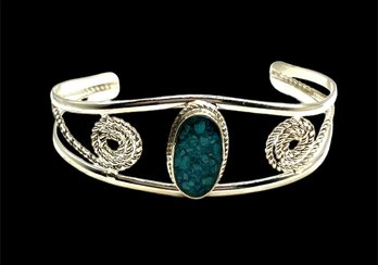 Beautiful Vintage Alpaca Silver With Turquoise Pieces Inlay Ornate Cuff Bracelet