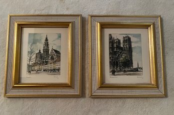 Pair Of City Scape Pencil Signed Framed Prints