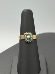 Antique Seed Pearl & Turquoise Star Shaped Ring In 10k Yellow Gold