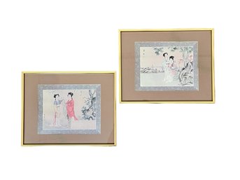 Pair Of Vintage Asian Watercolor On Silk Paintings