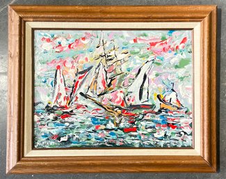 Original Painting By R. Monti, Abstract Sailboats