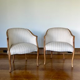 A Pair Of Vintage Regency Style Saber Leg Mahogany Frame Barrel Back  Arm Chairs