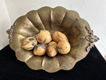 Vintage Hammered Brass Oval Decorative Bowl With Wooden Fruit