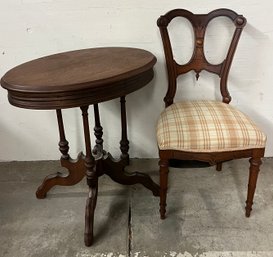 Two Piece Victorian Parlor Ensemble Table And Walnut Side Chair