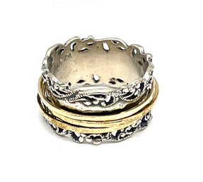 Vintage Israeli Sterling Silver Two Toned Ornate Ring, Size 9.5