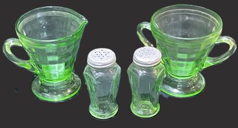 Uranium Glass-Anchor Hocking Salt And Pepper Shakers & Optic Creamer And Sugar