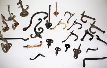 Mixed Lot Of Antique And Vintage Brass, Wrought Iron & Steel Hat And Coat Hooks