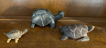 Trio Of Turtle Figurines One Stone One Wood One Jiggily Tortoise Shell
