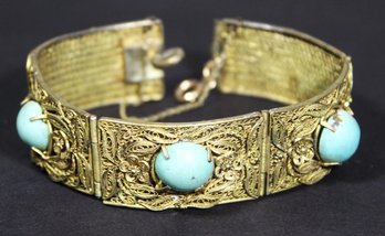 Antique Chinese Filigree Silver Bracelet Having Turquoise Stones (replaced Clasp)