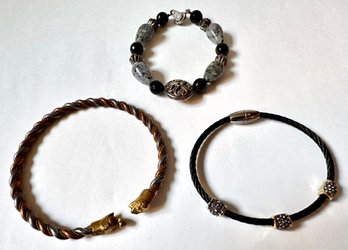 3 Bracelets: Copper & Brass Twist With Animal Finials, Natural Stone & Rhinestone Beads With Magnetic Clasp