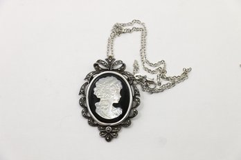Sterling Silver Marcasite Cameo Pendant Necklace