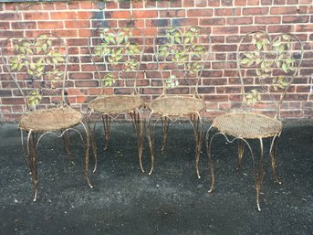 Spectacular Set Of Four (4) Antique French Tole Painted Iron Chairs - Graceful Lines - Old, Rusty Worn Paint
