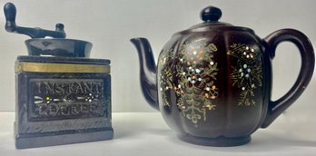Vintage Ceramic Instant Coffee Container And Brown Betty Teapot