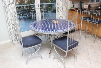 Mosaic Blue And White  With Metal Dining Table, Chairs And Stools