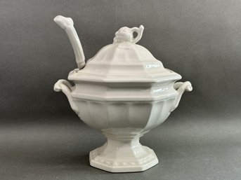 A Beautiful Vintage Ceramic Soup Tureen In White With Lid & Ladle
