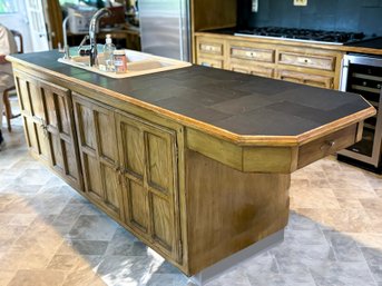 A Solid Oak Kitchen Island With Enameled Cast Iron Sink By Kohler - No Appliances