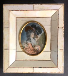 Dame With Feather Hat / Hand Painted Miniature Painting In Bone Frame With Mother Pearl Inlay