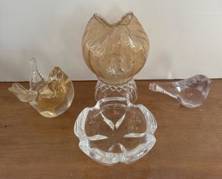 Glass Grouping Of Birds, Crystal Ashtray, Candle Holder And Small Bowl