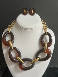 MCM Bold Chunky Faux Tortoise Resin & Gold Tone Statement 19' Necklace  1.5' Matching Clip Earrings
