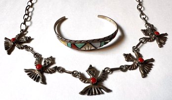 Vintage Silver JRB Zuni, New Mexico Cuff Bracelet With Natural Stones & Native American Necklace